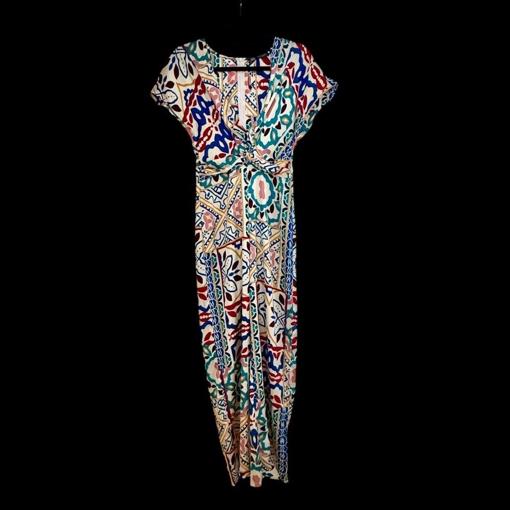 ZARA MULTICOLOUR  PRINT WIDE LEG SHORT SLEEVES SATIN JUMPSUIT.  SIZE S. NWOT